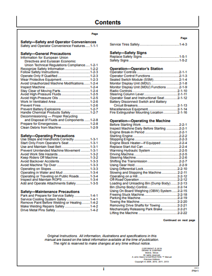 OPERATOR MANUAL - JOHN DEERE 250D,300D (D SERIES II)  Construction Articulated Dump Truck OMT263512