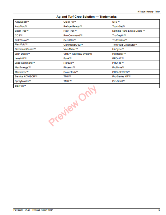 JOHN DEERE RT5526 ROTARY TILLER PC16038 - PARTS CATALOG MANUAL