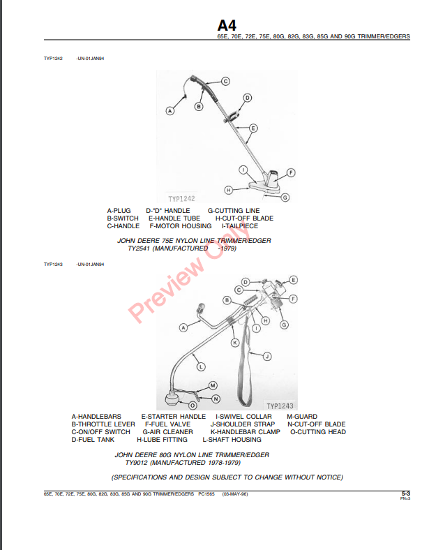 JOHN DEERE 65E, 70E, 72E, 75E, 80G, 82G, 83G, 85G, 90G TRIMMERS PC1565 - PARTS CATALOG MANUAL