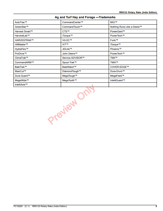 JOHN DEERE RR0133 ROTARY RAKE (INDIA EDITION) PC16229 - PARTS CATALOG MANUAL