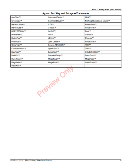 JOHN DEERE RR0133 ROTARY RAKE (INDIA EDITION) PC16229 - PARTS CATALOG MANUAL