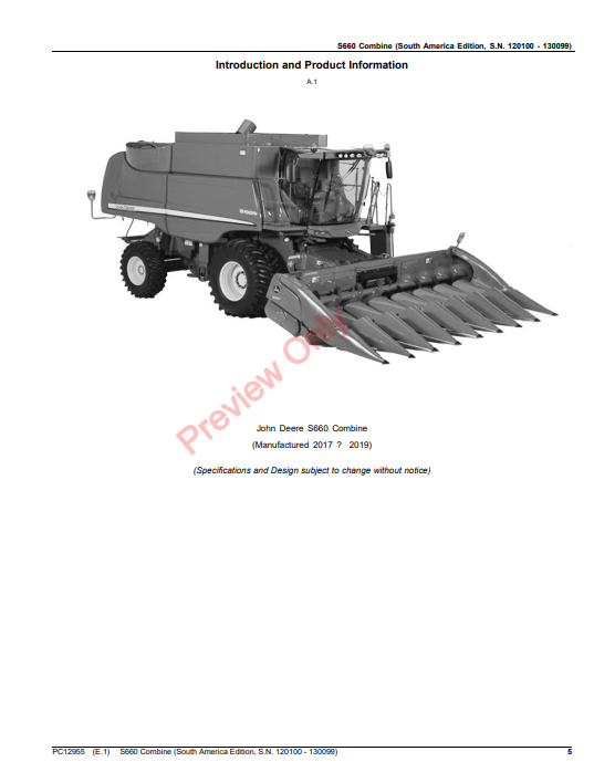 JOHN DEERE S660 COMBINE (SOUTH AMERICA EDITION) PC12955 - PARTS CATALOG MANUAL