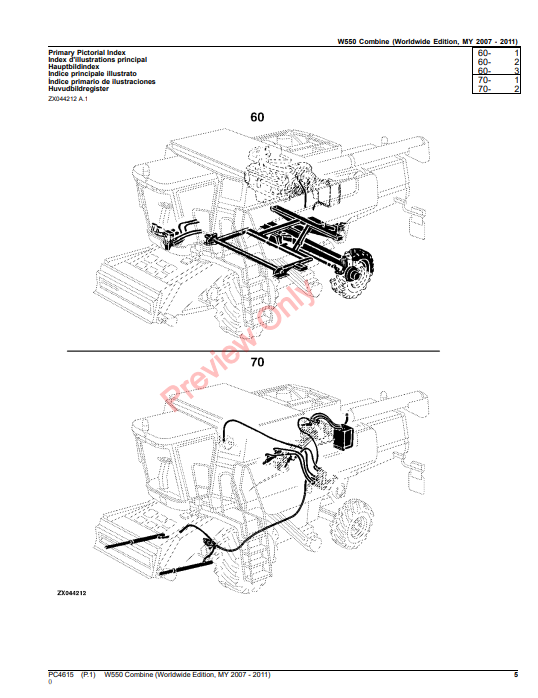 JOHN DEERE W550 COMBINE (WORLDWIDE EDITION MY 2007-2011) PC4615 - PARTS CATALOG MANUAL