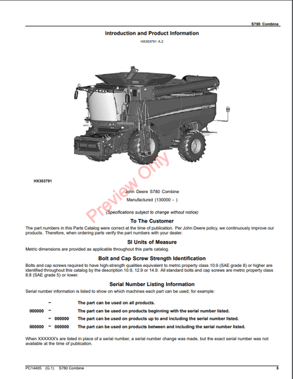 JOHN DEERE S780 COMBINE PC14405 - PARTS CATALOG MANUAL