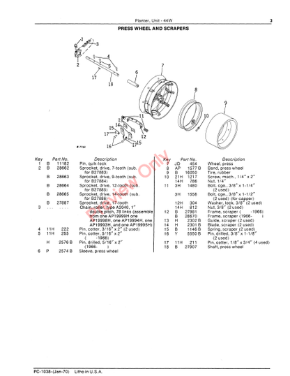 JOHN DEERE 44W UNIT PLANTER PC1038 - PARTS CATALOG MANUAL