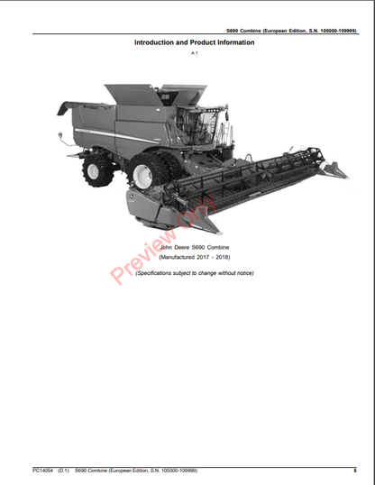 JOHN DEERE S690 COMBINE PC14054 - PARTS CATALOG MANUAL