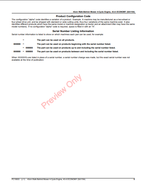 JOHN DEERE 43CM WALK-BEHIND MOWER 4-CYCLE ENGINE,43-A ECONOMY(SA1154) PC10933 - PARTS CATALOG MANUAL