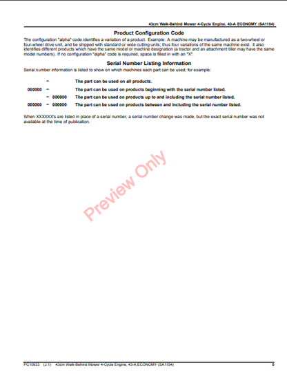 JOHN DEERE 43CM WALK-BEHIND MOWER 4-CYCLE ENGINE,43-A ECONOMY(SA1154) PC10933 - PARTS CATALOG MANUAL