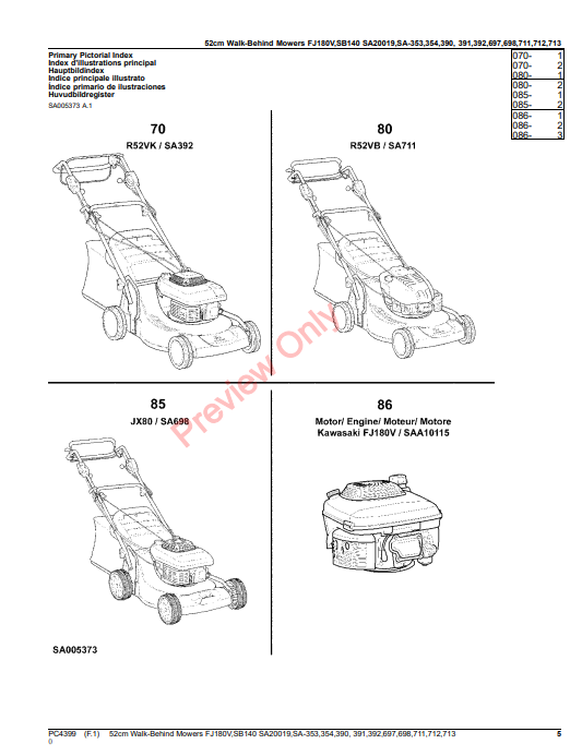 JOHN DEERE 52CM WALK-BEHIND MOWERS 2/4-CYCLE ENGINE FJ180V, SB140, SA20019, SA353, SA354, SA390, SA391, SA392, SA697 PC4399 - PARTS CATALOG MANUAL