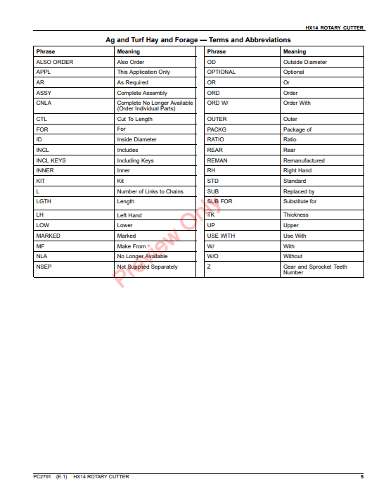 JOHN DEERE HX14 ROTARY CUTTER PC2791 - PARTS CATALOG MANUAL