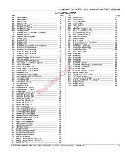 JOHN DEERE PA824, PA840, PA860 SERIES, PA884 PLANTING ATTACHMENTS PC893 - PARTS CATALOG MANUAL