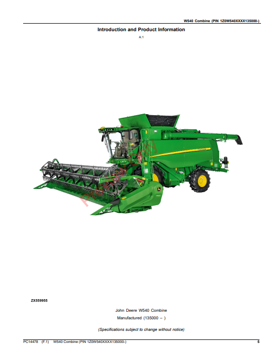 JOHN DEERE W540 COMBINE PC14478 - PARTS CATALOG MANUAL