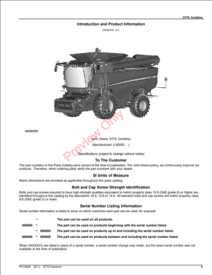 JOHN DEERE S770 COMBINE PC14404 - PARTS CATALOG MANUAL