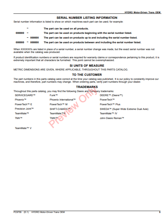 JOHN DEERE HYDROSTATIC MOTOR - DRIVEN TRANSMISSION OEM PC9755 - PARTS CATALOG MANUAL