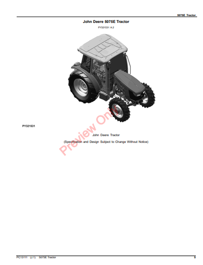 JOHN DEERE 5075E TRACTOR (CAB: 1PY5075EPHJ402101-) (OOS: 1PY5075ECHJ103101-) (FT4) (NORTH AMERICA EDITION) PC13111 - PARTS CATALOG MANUAL