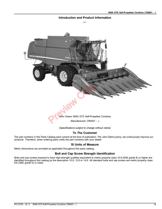 JOHN DEERE S650 STS SELF-PROPELLED COMBINE PC12745 - PARTS CATALOG MANUAL