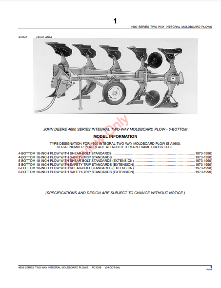 JOHN DEERE 4600 SERIES INTEGRAL TWO-WAY MOLDBOARD PLOWS PC1398 - PARTS CATALOG MANUAL