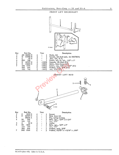 JOHN DEERE S1, S1A ROW CROP CULTIVATOR PC875 - PARTS CATALOG MANUAL