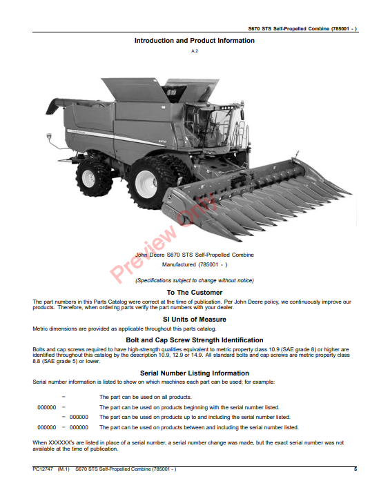 JOHN DEERE S670 STS SELF-PPO-PROPELLED PC12747 - PARTS CATALOG MANUAL