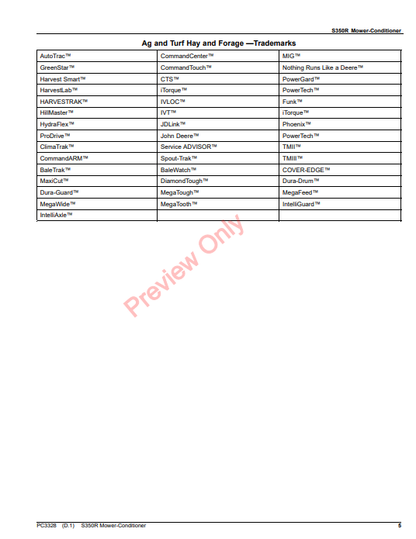 JOHN DEERE S350R MOWER-CONDITIONER PC3328 - PARTS CATALOG MANUAL