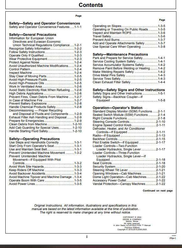 OPERATOR MANUAL - JOHN DEERE 184 G, 204 G, 304 G Construction Loaders  OMT467530X019_