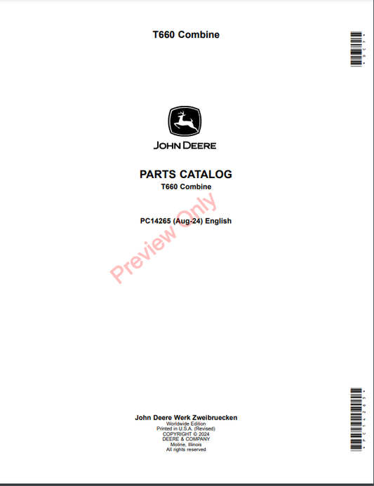 JOHN DEERE T660 COMBINE PC14265 - PARTS CATALOG MANUAL