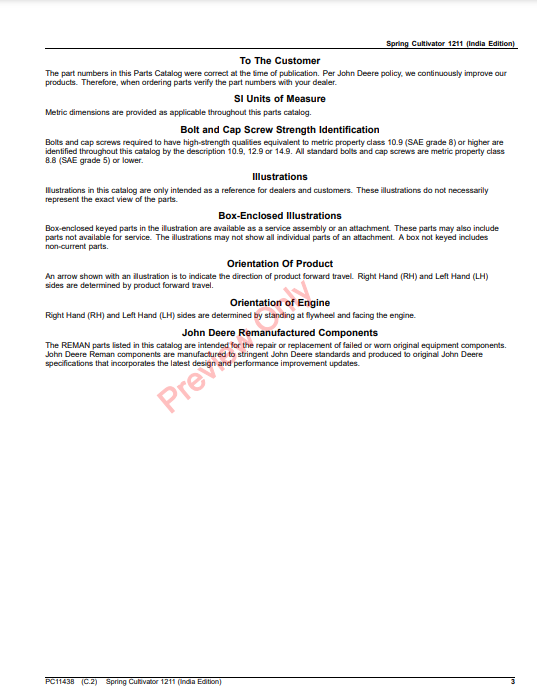 JOHN DEERE SPRING CULTIVATOR 1211 (INDIA EDITION) PC11438 - PARTS CATALOG MANUAL