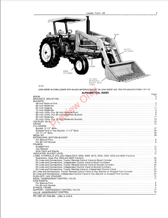 JOHN DEERE 58 FARM LOADER PC1267 - PARTS CATALOG MANUAL