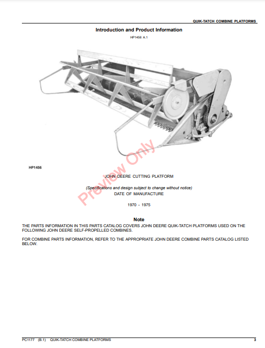 JOHN DEERE QUIK-TATCH COMBINE PLATFORMS PC1177 - PARTS CATALOG MANUAL