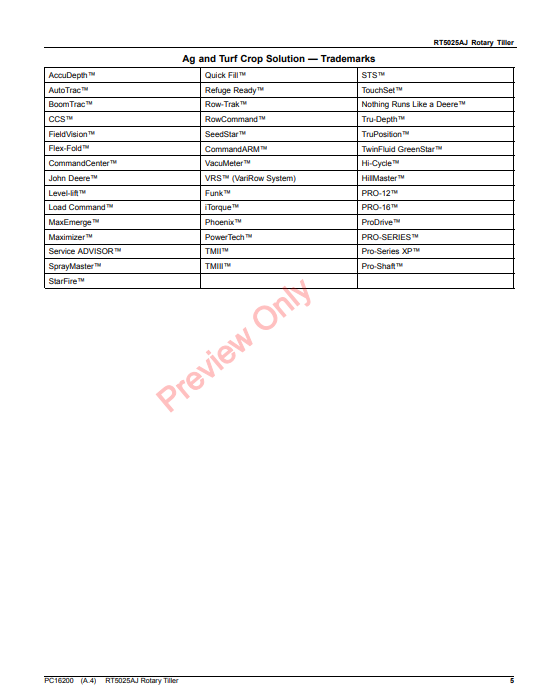 JOHN DEERE RT5025AJ ROTARY TILLER PC16200 - PARTS CATALOG MANUAL