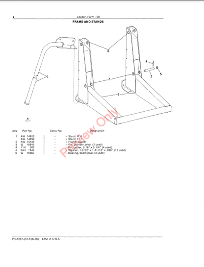 JOHN DEERE 58 FARM LOADER PC1267 - PARTS CATALOG MANUAL