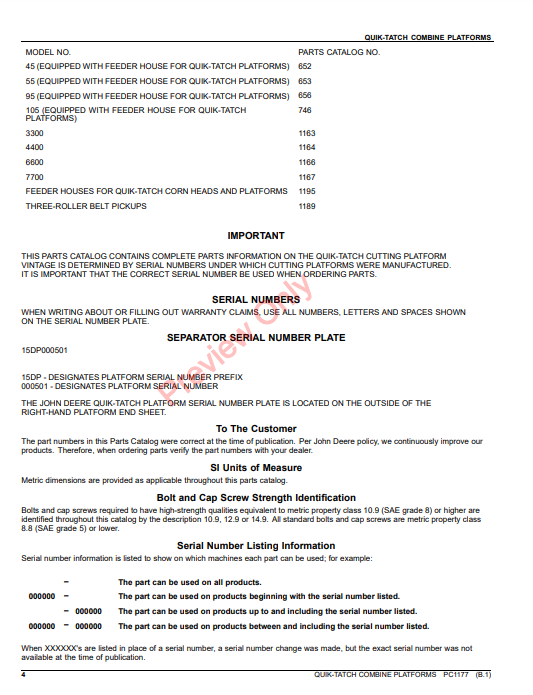 JOHN DEERE QUIK-TATCH COMBINE PLATFORMS PC1177 - PARTS CATALOG MANUAL