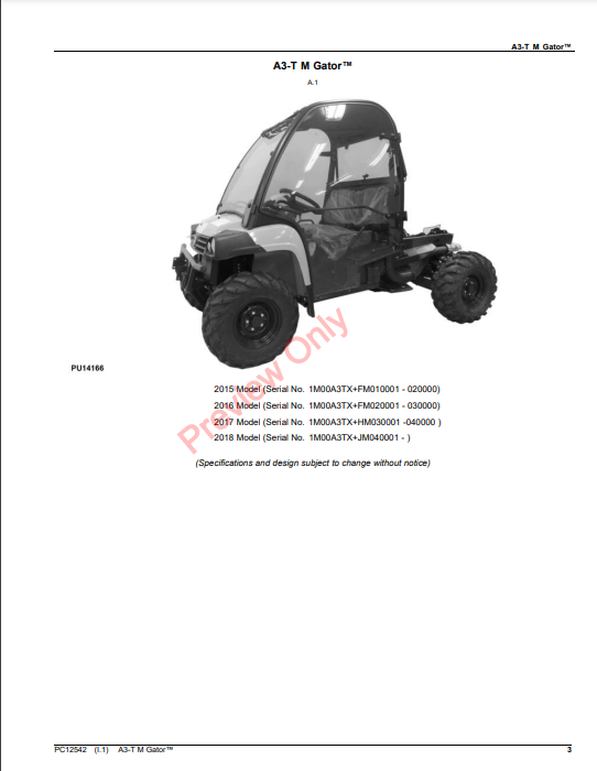 JOHN DEERE A3-T M GATOR PC12542 - PARTS CATALOG MANUAL