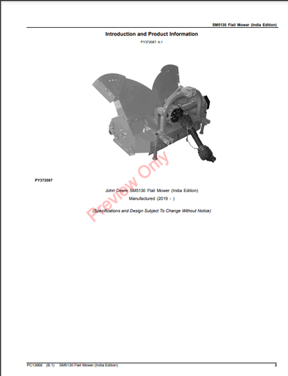 JOHN DEERE SM5130 FLAIL MOWER (INDIA EDITION) PC13666 - PARTS CATALOG MANUAL