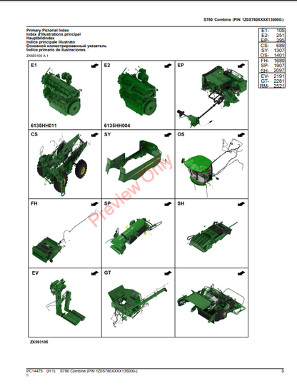 JOHN DEERE S780 COMBINE PC14475 - PARTS CATALOG MANUAL