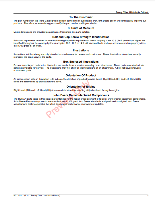 JOHN DEERE ROTARY TILLER 1226 (INDIA EDITION) PC11411 - PARTS CATALOG MANUAL