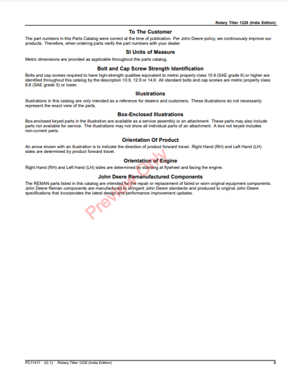 JOHN DEERE ROTARY TILLER 1226 (INDIA EDITION) PC11411 - PARTS CATALOG MANUAL