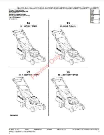 JOHN DEERE 52CM WALK-BEHIND MOWERS 2 AND 4-CYCLE -SA 119, 206, 231, 271, 325, 327, 328, 721, 722, 723, 724, 731, 790, 7 PC4400 - PARTS CATALOG MANUAL