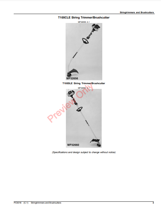 JOHN DEERE STRINGTRIMMERS AND BRUSHCUTTERS PC9316 - PARTS CATALOG MANUAL