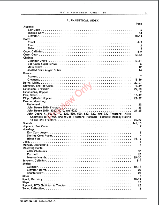 JOHN DEERE CORN SHELLER ATTACHMENT- 50 PC600 - PARTS CATALOG MANUAL