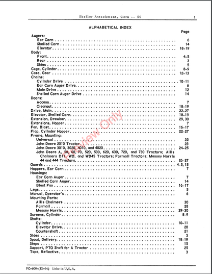 JOHN DEERE CORN SHELLER ATTACHMENT- 50 PC600 - PARTS CATALOG MANUAL