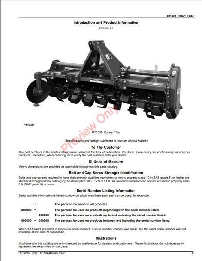 JOHN DEERE RT1024 ROTARY TILLER PC12265 - PARTS CATALOG MANUAL