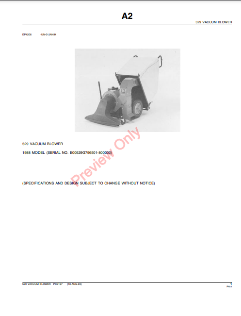 JOHN DEERE 529 VACUUM BLOWER PC2197 - PARTS CATALOG MANUAL