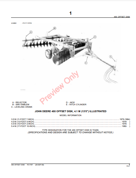 JOHN DEERE 455 OFFSET DISK PC1757 - PARTS CATALOG MANUAL