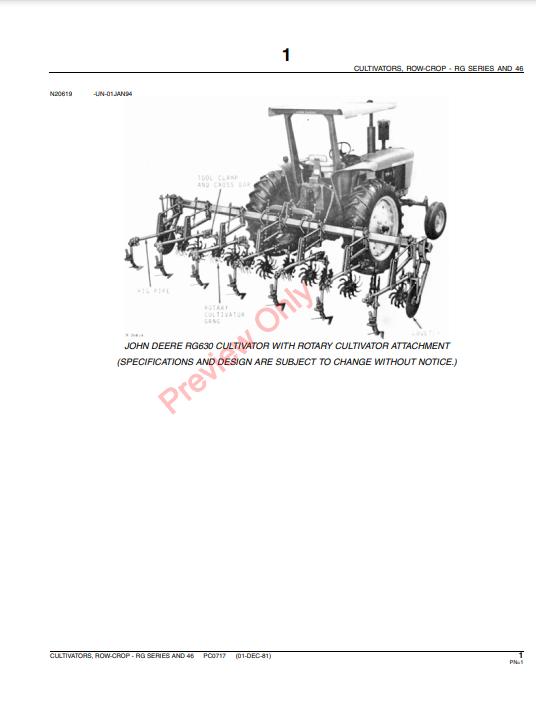 JOHN DEERE RG SERIES AND 46 ROW-CROP CULTIVATORS PC0717 - PARTS CATALOG MANUAL