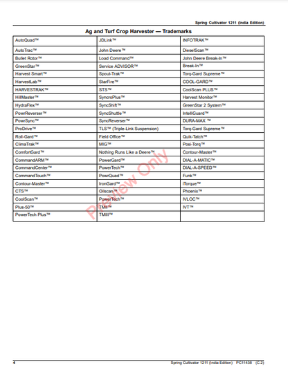 JOHN DEERE SPRING CULTIVATOR 1211 (INDIA EDITION) PC11438 - PARTS CATALOG MANUAL