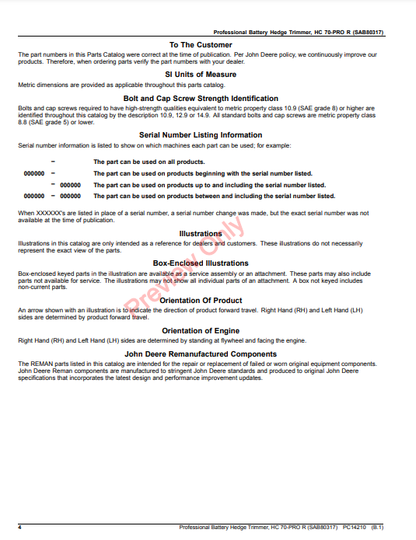 JOHN DEERE PROFESSIONAL BATTERY HEDGE TRIMMER, HC 70-PRO R (SAB80317) PC14210 - PARTS CATALOG MANUAL