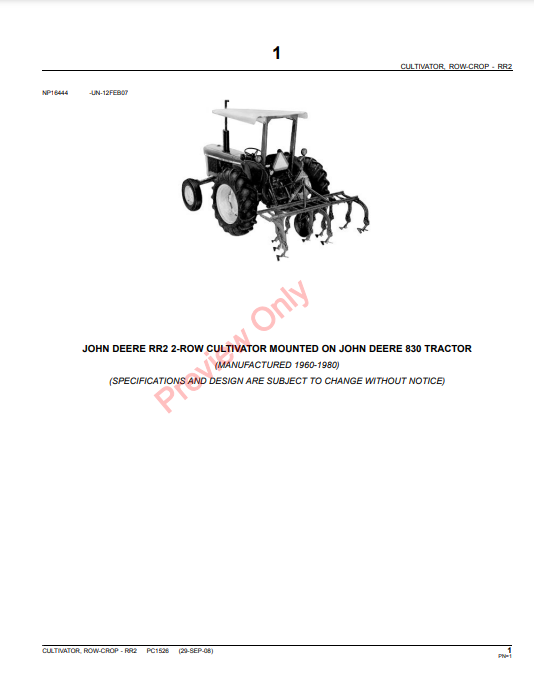 JOHN DEERE RR2 ROW-CROP CULTIVATOR PC1526 - PARTS CATALOG MANUAL