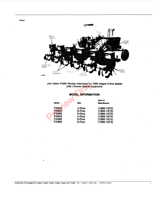 JOHN DEERE PA845, PA846, PA865, PA866, PA885, PA886 PLANTING ATTACHMENT PC1162 - PARTS CATALOG MANUAL