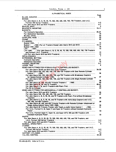 JOHN DEERE 45 FARM LOADER PC484 - PARTS CATALOG MANUAL